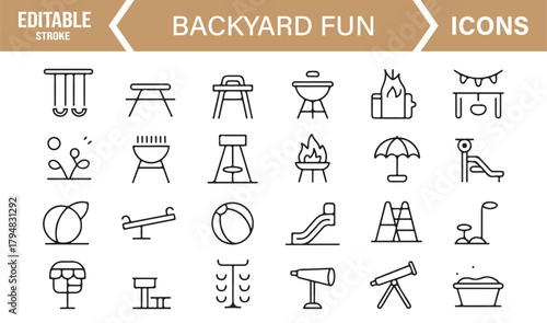 Modern Outline Icon Pack Showing Swings, Fire Pits, Grills, Slides, and Garden Fun Elements