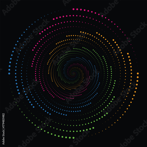 Abstract circular swirl of colorful dots on a dark background