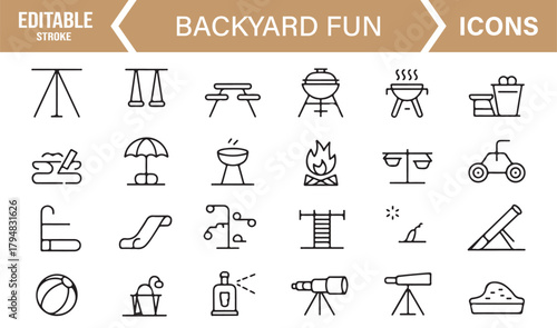 Vector Icon Collection Representing Outdoor Games, Leisure Tools, and Yard Play Equipment