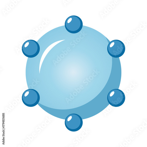 Blue molecule illustration with spherical structure and connected atoms for scientific concepts