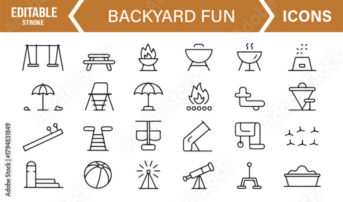 Clean Linear Icon Set Featuring Grills, Slides, Swings, Fire Pits, and Garden Items