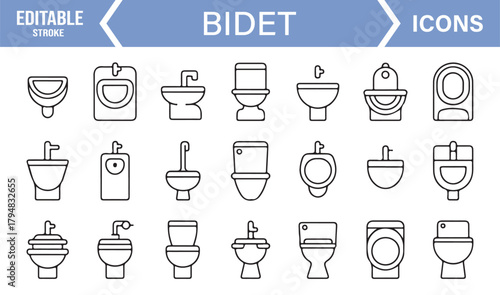 Thin-Line Bathroom Icon Pack Showing Bidet Designs and Modern Cleansing Devices