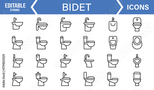 Minimal Outline Icons of Bidets, Toilets, Wash Units, and Bathroom Fixtures