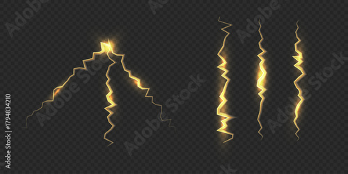 Realistic set of luminous, glowing yellow lightning bolts, electric discharges, or cracks with a magical, destructive effect on a dark background.