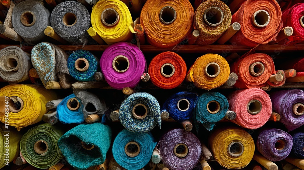 Fototapeta premium Vibrant textile rolls in a rainbow of colors stacked on shelves, offering endless creative possibilities for designers and crafters.