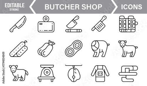 Thin-Line Butcher Icons for Meat Preparation, Tools, and Market Elements