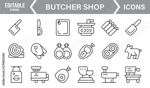 Vector Icon Collection Featuring Cleavers, Cutting Boards, Sausages, and Fresh Cuts