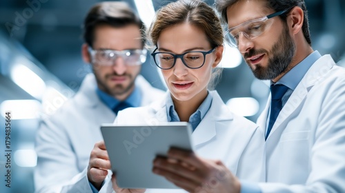 A group of researchers in white lab coats examines data on a tablet while discussing their findings. The bright environment enhances their focus and collaboration on scientific projects