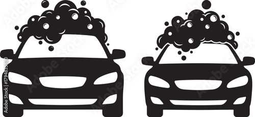 Two cars covered in soap bubbles silhouette