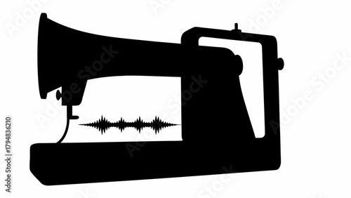Silhouette of a vintage sewing machine with an audio waveform design element in black and white tone