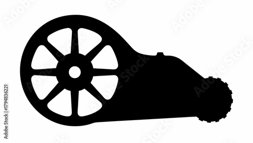 Silhouette of a trebuchet with spoked wheel and gear mechanism for medieval siege warfare use