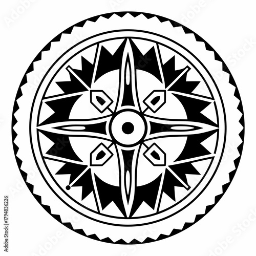 Circular black and white design featuring a central circle with geometric shapes and radial symmetry all around created with generative ai