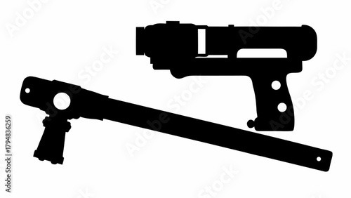 Silhouette of a futuristic ray gun and a long handled tool on a white background, isolated view