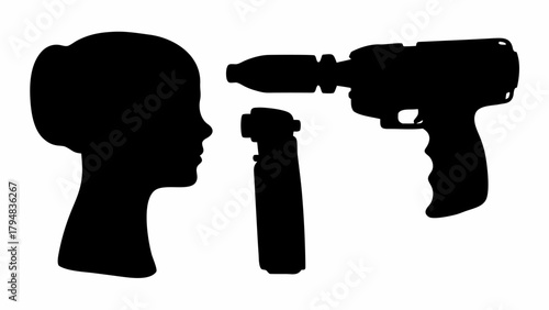 Silhouette of a woman's head with a drill and spray can in a black and white illustration
