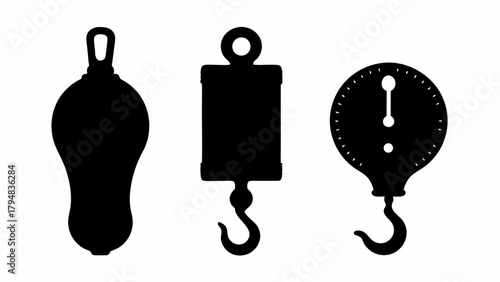 Silhouetted illustration of three different types of hanging scales in a simple black and white design