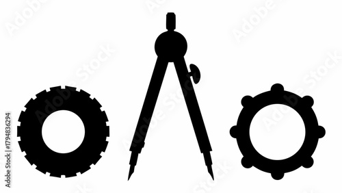 Illustration of a drawing compass between two gears on a white background in black silhouette style