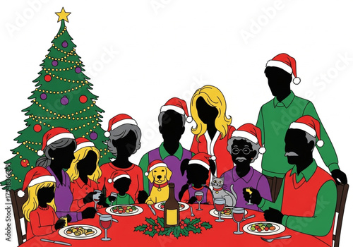 Family gathered around the dining table for Christmas dinner. Having Christmas dinner at home, gathered around the table, enjoying their time together vector.