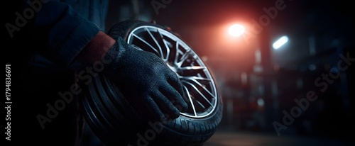 The tire and alloy wheel rest in a gloved hand like hidden treasure in shadows.