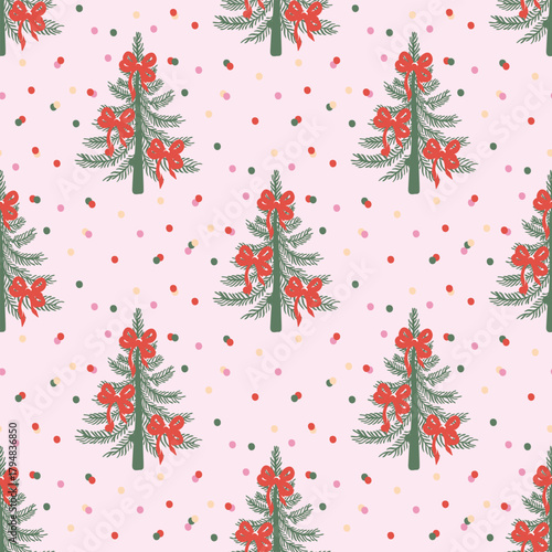 Christmas seamless pattern with Christmas trees and bows for wrapping paper and textile backgrounds. Trendy holiday vector illustration.