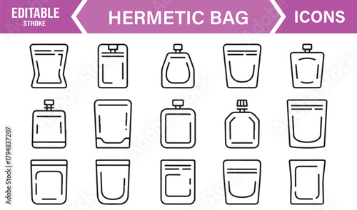 Monochrome Minimal Icons Depicting Zip Bags, Storage Pouches, and Product Packaging