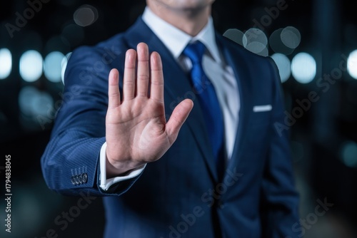 Businessman stop hand gesture business man denial rejection warning sign corporate suit tie formal wear
