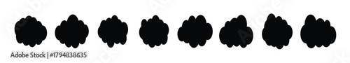 A Black cloud silhouettes with chalk texture collection. Hand drawn various fluffy sky symbol shapes on white background. Vector illustration.