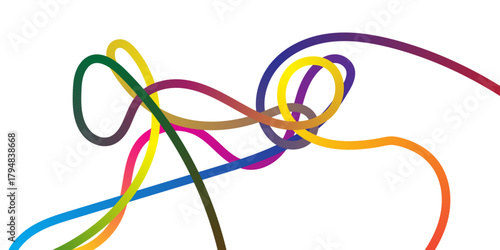 An abstract, clean, white background featuring a complex and intricate entanglement of multiple thin, smooth, looping, and flowing lines, each displaying a distinct vibrant color gradient including