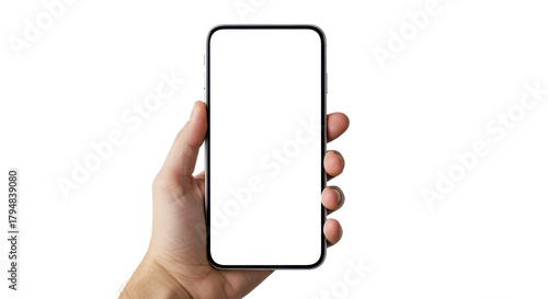 Hand Holding a Modern Smartphone: A close-up shot of a hand delicately cradling a modern smartphone with a blank, bright screen, perfectly poised for digital interaction.