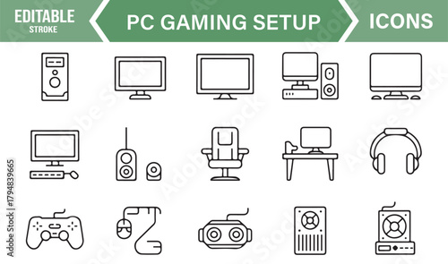 Thin-Line Gaming Setup Icons for Desktop PC, Audio Systems, and Game Controllers