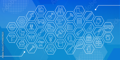 Construction icon. Industry sign. Civil engineering and architecture. Building industrial project. Professional engineer of architect technology. Home renovation. Hexagon symbols. Vector tidy concept