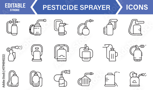 Outline Icon Collection Featuring Crop Protection Tools and Farm Spray Devices