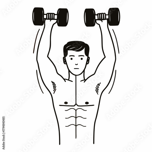 Man lifting dumbbells overhead with defined abs and muscular physique in a black and white illustration created with generative ai