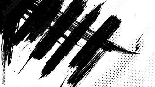 Abstract black ink brush strokes with halftone texture isolated on