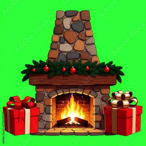 Christmas fireplace, fire. Gifts. Christmas. New Year. Green background. Animation. 4K. chroma-key