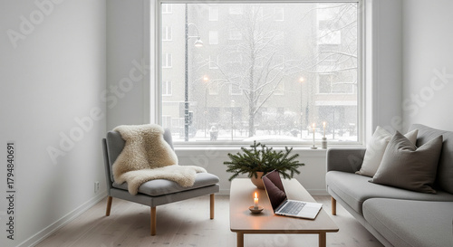zoom background Cozy living room with snow falling outside window, laptop on table