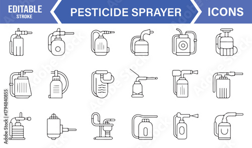 Vector Outline Icons Representing Handheld and Pressure Pesticide Spraying Equipment