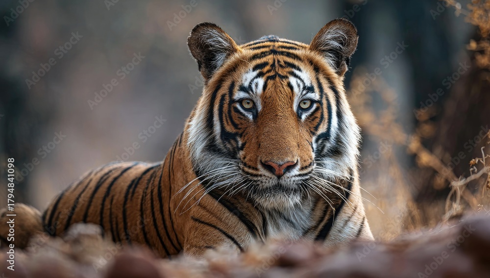 Fototapeta premium Majestic tiger resting, staring intently with piercing eyes in natural habitat