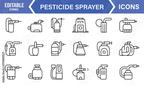 Clean Linear Icon Set Depicting Farm Sprayers, Tanks, and Crop Treatment Devices
