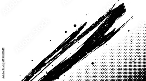 Dynamic black grunge brush stroke with diagonal halftone dots isolated on