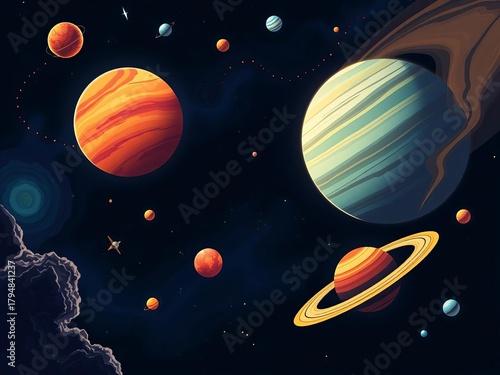Stylized vector illustrations of celestial bodies and space phenomena, offering a cosmic and abstract perspective,  illustration,  science