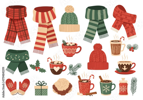 Winter Holiday Vector Set: Scarves Hats Hot Drinks Mittens Gift and Cookie.