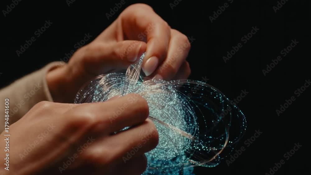 Hands untangling a complex knot of glowing threads in macro view, laying each strand into neat coils. Metaphor for therapy organizing chaotic thoughts and emotions.
