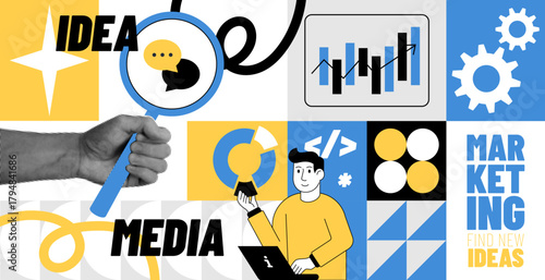 Marketing analysis. Infographic for social media. Community content research. Halftone hand with magnifier. SMM information analytic. Collage of geometric elements. Vector retro design garish banner