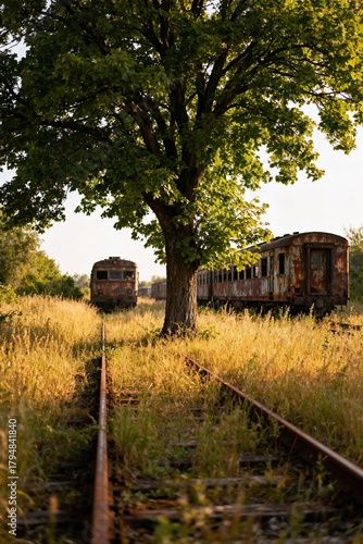 Wallpaper Mural Large Tree Growing on Old Abandoned Railway Tracks with Distant Rusty Train and Overgrown Grass Torontodigital.ca
