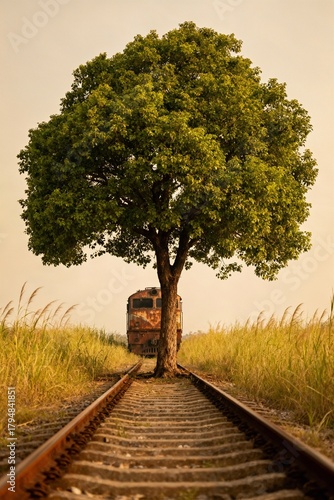 Wallpaper Mural Cinematic Scene of Nature Reclaiming Old Railway with Green Tree and Faded Train in Distance Torontodigital.ca