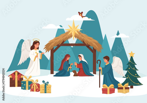 Nativity Scene Illustration with Holy Family Angels and Gifts.