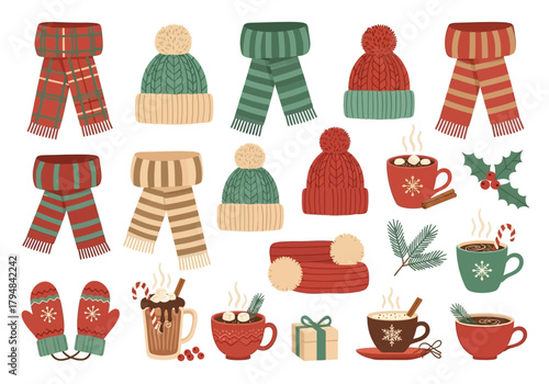 Winter Accessories and Hot Drinks: Scarves Hats Mittens and Mugs Illustration.