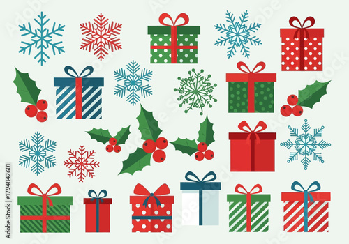 Festive Christmas Gift Boxes Snowflakes and Holly Berries Pattern.