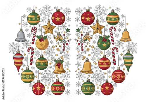 Festive Christmas Ornament and Snowflake Circle Design.