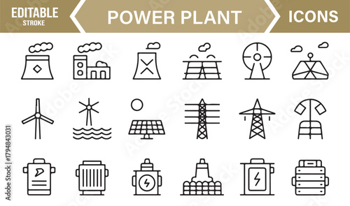 Set of Thin-Line Electricity and Power Generation Symbols for Engineering and Industry